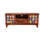 Boho Sheesham Wood Tv Cabinet with Ceramic Tiles & Storage - Image 5