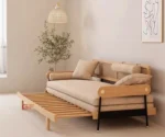 Japandi Solid Wood Minimalism Rattan Back Support Sofa Bed - Image 4