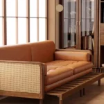 Leathaire Sofa Bed With Rattan Weaving Wooden Frame