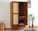 Two Door Wardrobe Wood Almirah in Rattan work for Bedroom - Image 2