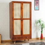Two Door Wardrobe Wood Almirah in Rattan work for Bedroom