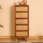 Vintage Solid Wood Rattan Cane Tall Chest of Drawer