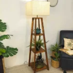 Charlotte Wooden Floor Lamp with Brown Base and Jute Fabric Lampshade
