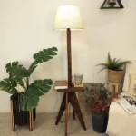 Claude Wooden Floor Lamp with Brown Base and Jute Fabric Lampshade