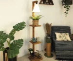 Wooden Floor Lamp with Brown Base and Jute Fabric Lampshade