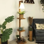 Wooden Floor Lamp with Brown Base and Jute Fabric Lampshade