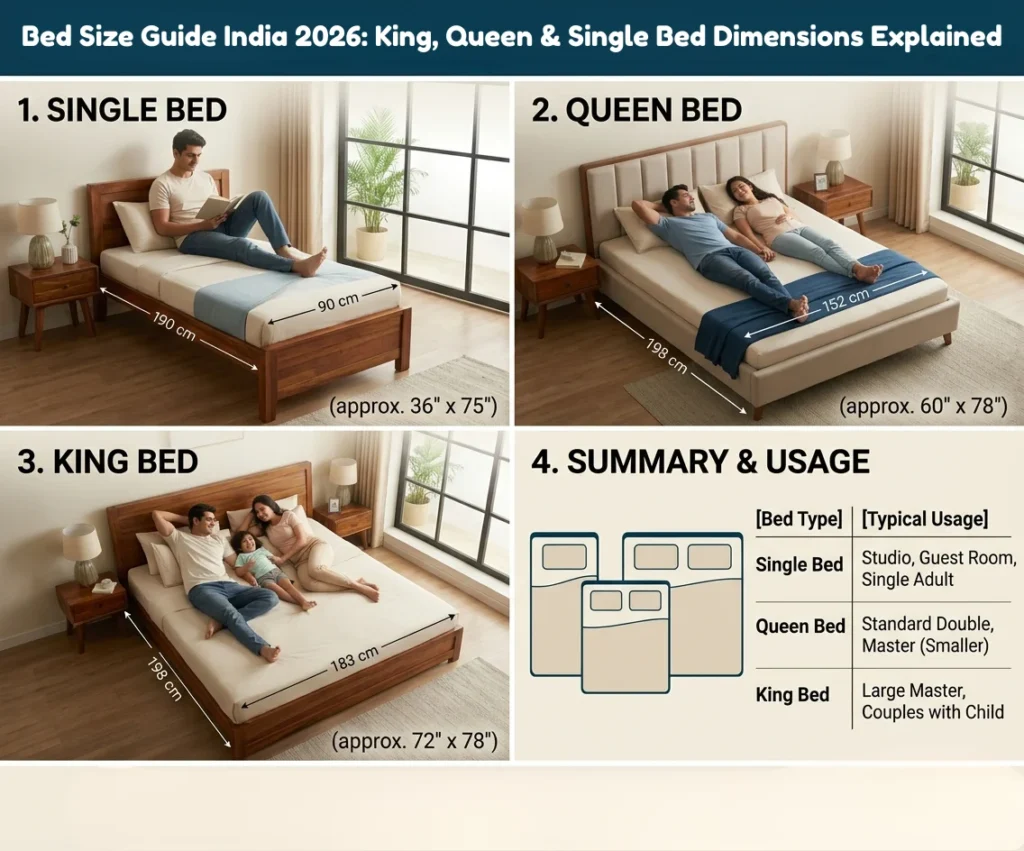 Bed Size Guide India 2026: King, Queen & Single Bed Dimensions Explained