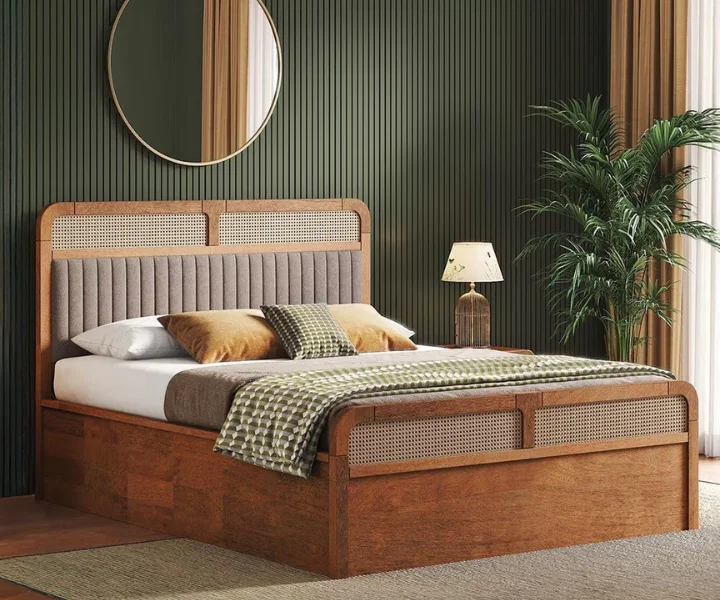Hanoi Solid Wood Cane King Size Hydraulic Storage Bed (1) Hanoi Solid Wood Cane King Size Hydraulic Teak Wood Storage Bed - Image 1