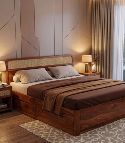 Balikos Sheesham Wood Bed with Drawer Storage and Cane Detailing