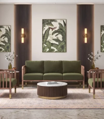 Taran 3+1+1Seater Wooden Sofa in Deep Olive Velvet Colour