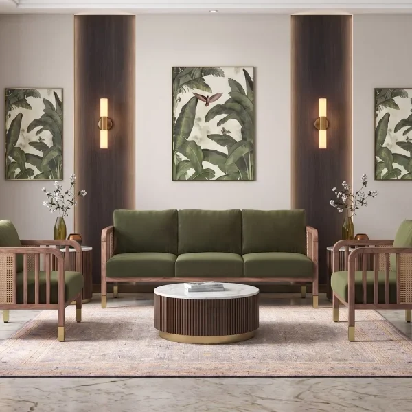 Taran 3+1+1Seater Wooden Sofa in Deep Olive Velvet Colour