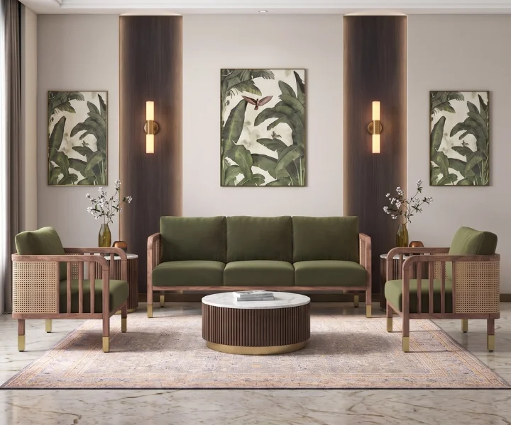 Taran 3+1+1Seater Wooden Sofa in Deep Olive Velvet Colour