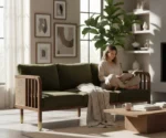 Taran 3+1+1 Seater Wooden Sofa in Deep Olive Velvet Colour - Image 9