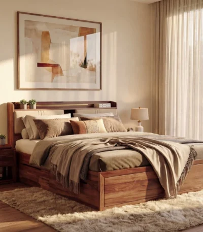 Wildon Premium Sheesham Wood Bed with Cushioned Headboard and Hydraulic Storage