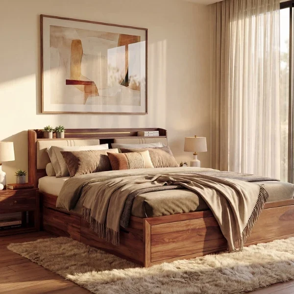 Wildon Premium Sheesham Wood Bed with Cushioned Headboard and Hydraulic Storage