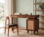 Kalam Modern Designer Sheesham Wood Study Table with Cane Accents & Drawer Storage