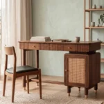 Kalam Modern Designer Sheesham Wood Study Table with Cane Accents & Drawer Storage