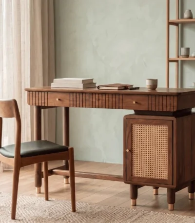 Kalam Modern Designer Sheesham Wood Study Table with Cane Accents & Drawer Storage
