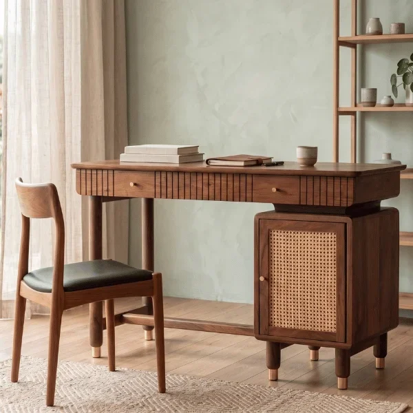 Kalam Modern Designer Sheesham Wood Study Table with Cane Accents & Drawer Storage