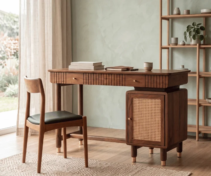 Kalam Modern Designer Sheesham Wood Study Table with Cane Accents & Drawer Storage