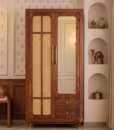 Saanvi Sheesham Wood Wardrobe with Elegant Cane Detailing (Teak Finish)