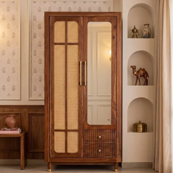 Saanvi Sheesham Wood Wardrobe with Elegant Cane Detailing (Teak Finish)