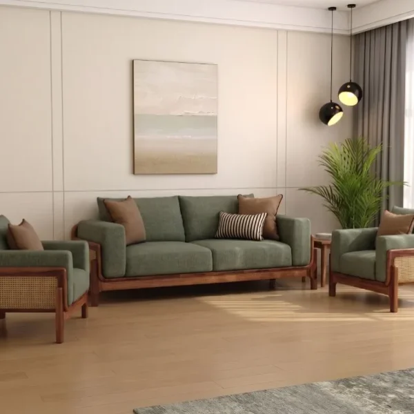 Aranyam Sheesham Wood 3+1+1 Seater Sofa Set with Cane Detailing