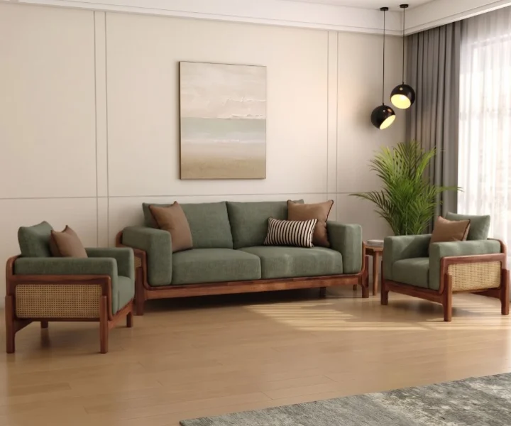 Aranyam Sheesham Wood 3+1+1 Seater Sofa Set with Cane Detailing (1) Aranyam Sheesham Wood 3+1+1 Seater Sofa Set with Cane Detailing