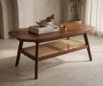 Sheesham Wood Coffee Table with Brass Inlay and Cane Weaving