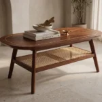 Sheesham Wood Coffee Table with Brass Inlay and Cane Weaving