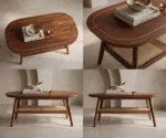 Sheesham Wood Coffee Table with Brass Inlay and Cane Weaving - Image 4